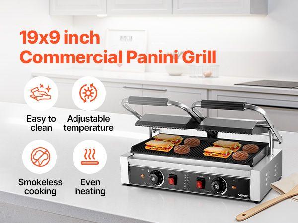 Commercial Panini Grill, 3600W Electric Sandwich Panini Maker, Stainless Steel Double Sandwichs Press with Handle and Temp Control, 19x9 in Full Grooved Enamel Plate, for Hamburger Steak Bacon