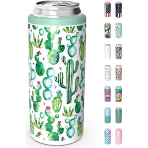 Skinny Can Cooler for Slim Beer & Hard Seltzer, Stainless Steel, Doucle-Walled Stainless Steel Insulated Slim Cans, Standard 12 oz (Cactus)