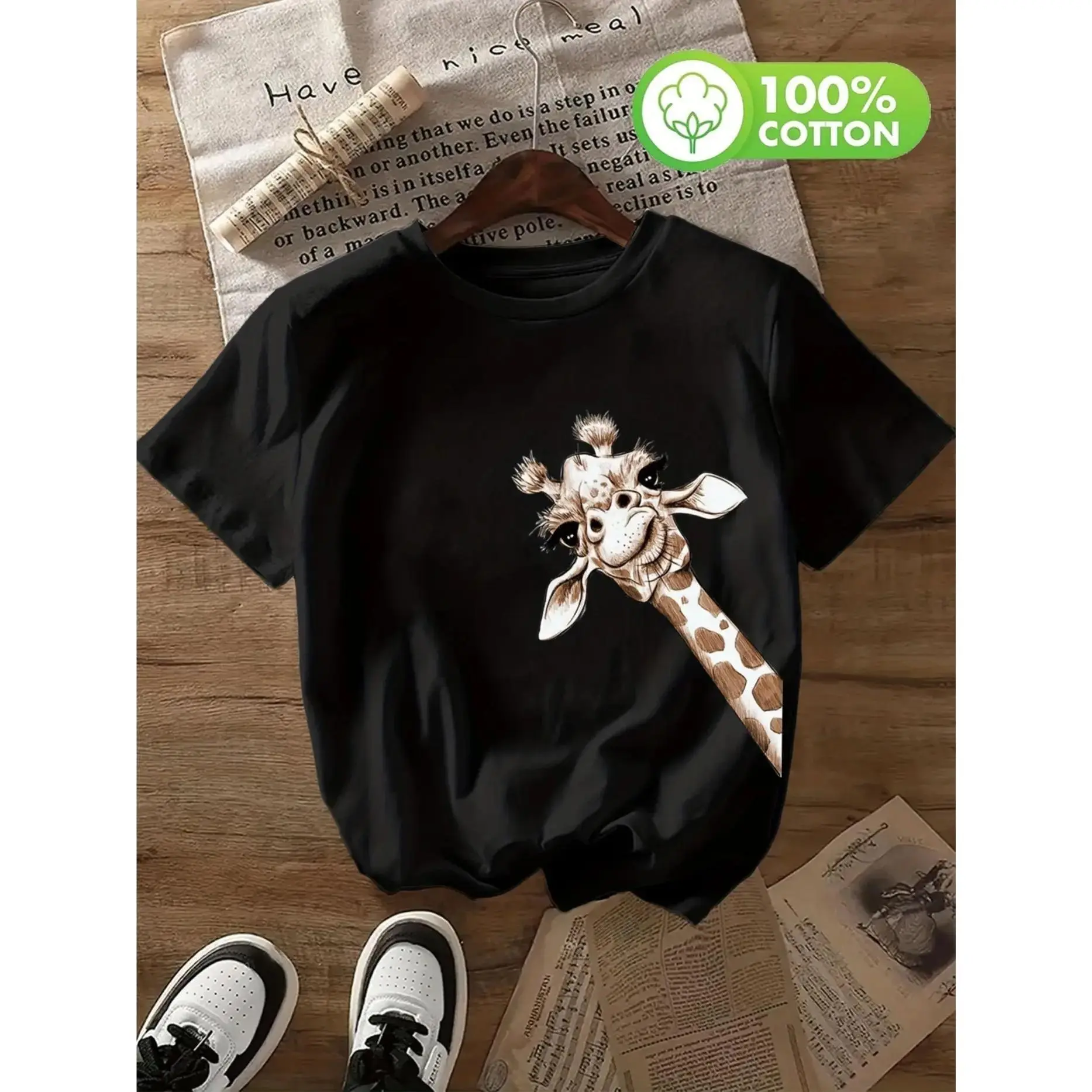 Women's Casual Short Sleeve Cotton Knit T-Shirt - Animal Giraffe Print, Soft Breathable Fabric, Round Neck Summer Fashion Top, Comfortable Fit Graphic Streetwear Tshirt,tok