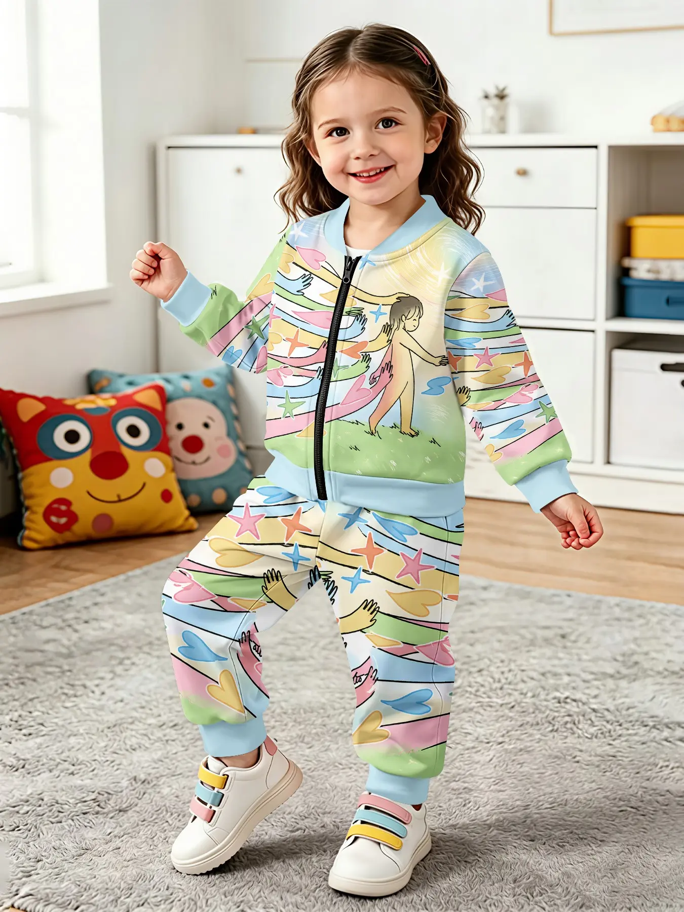 Girls' 2-Piece Set, Zipper Jacket & Pants, Rainbow Heart Wings, Casual Fitted, Spring & Fall, Perfect Gift for Kids