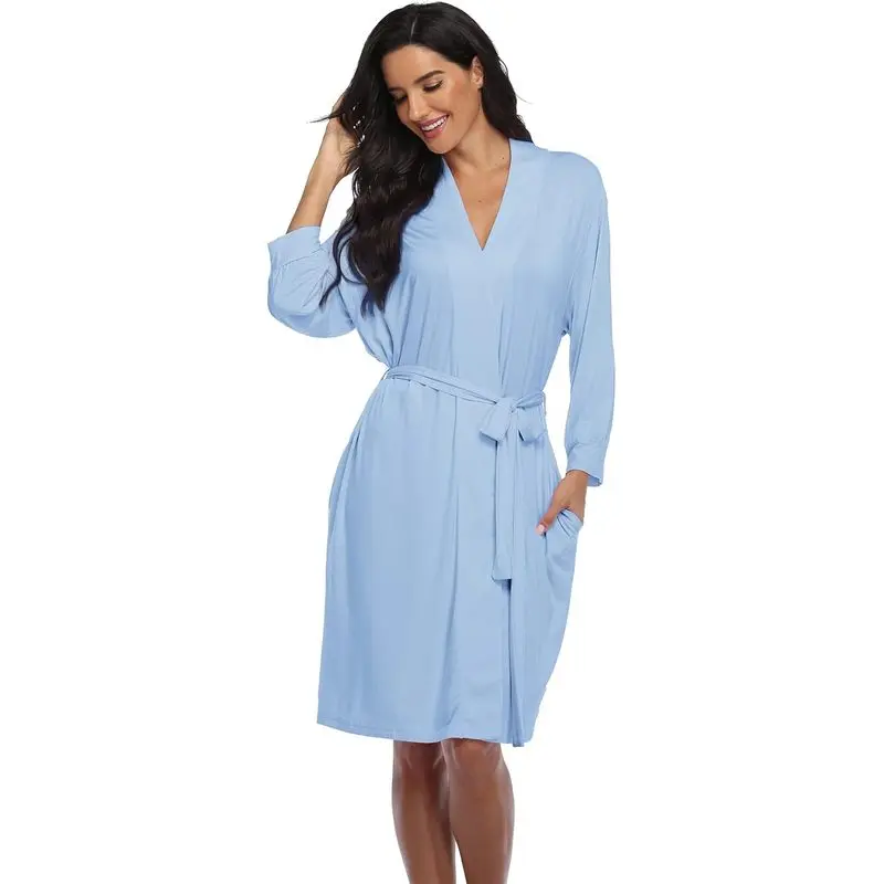 Women’s Lightweight Long Sleeve Short Rayon Kimono Robe - Soft Knit Bathrobe, Basic Loungewear for Home, Spa