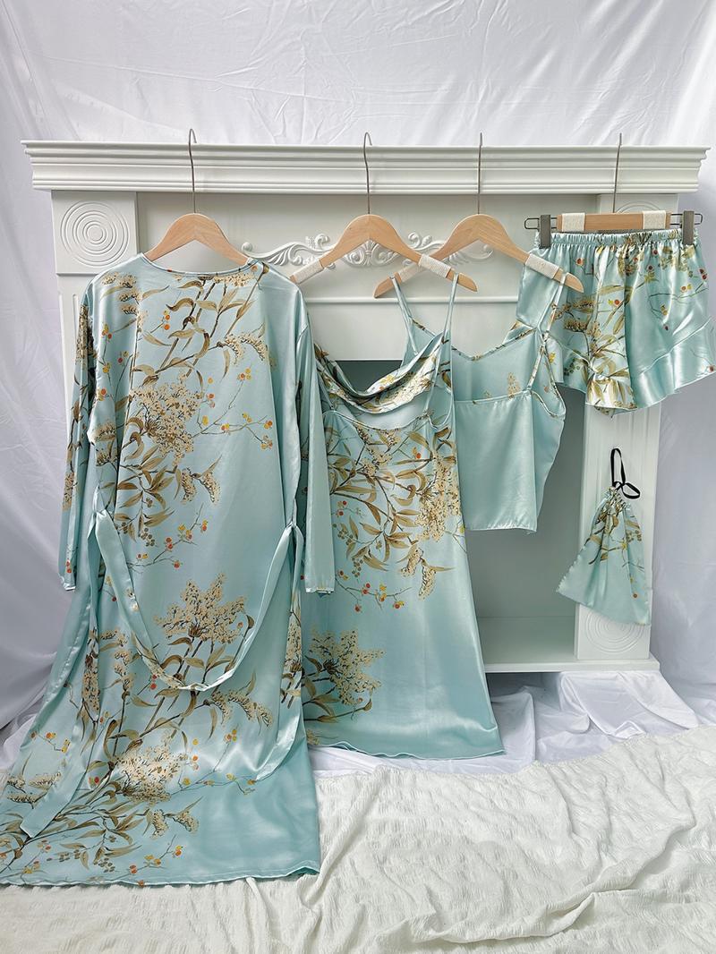 5 Counts Women's Floral Print Satin Pajama Set, Elegant Belted Robe & Cowl Neck Cami Dress & Camisole & Ruffle Shorts & Bag, Women Sleepwear for All Seasons, Summer Outfits, Satin Pyjama Set