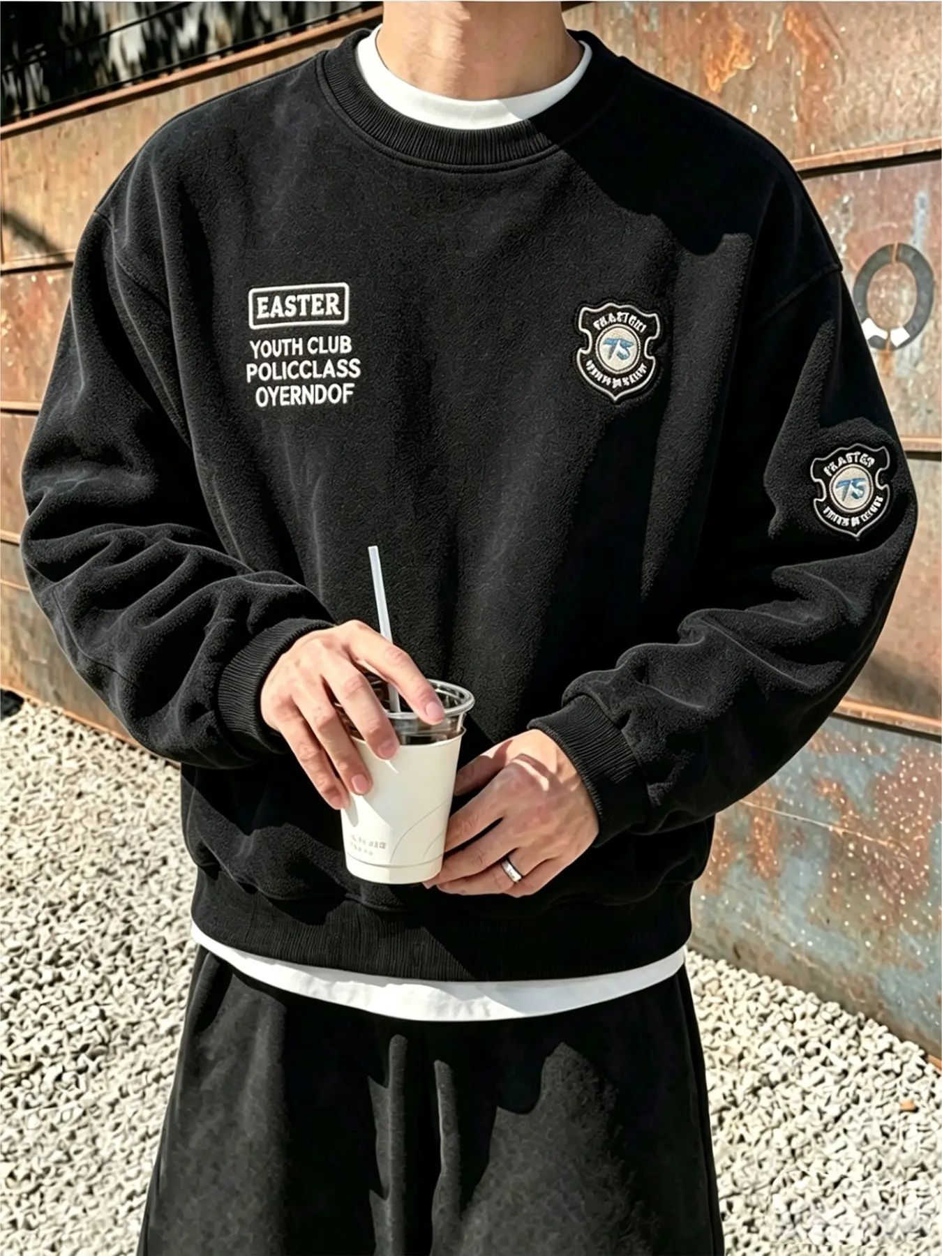 Men's Fleece Crew Neck Sweatshirt, Loose Fit Drop Shoulder, Embroidered Badge, Fall Winter Streetwear, Comfortable Layering