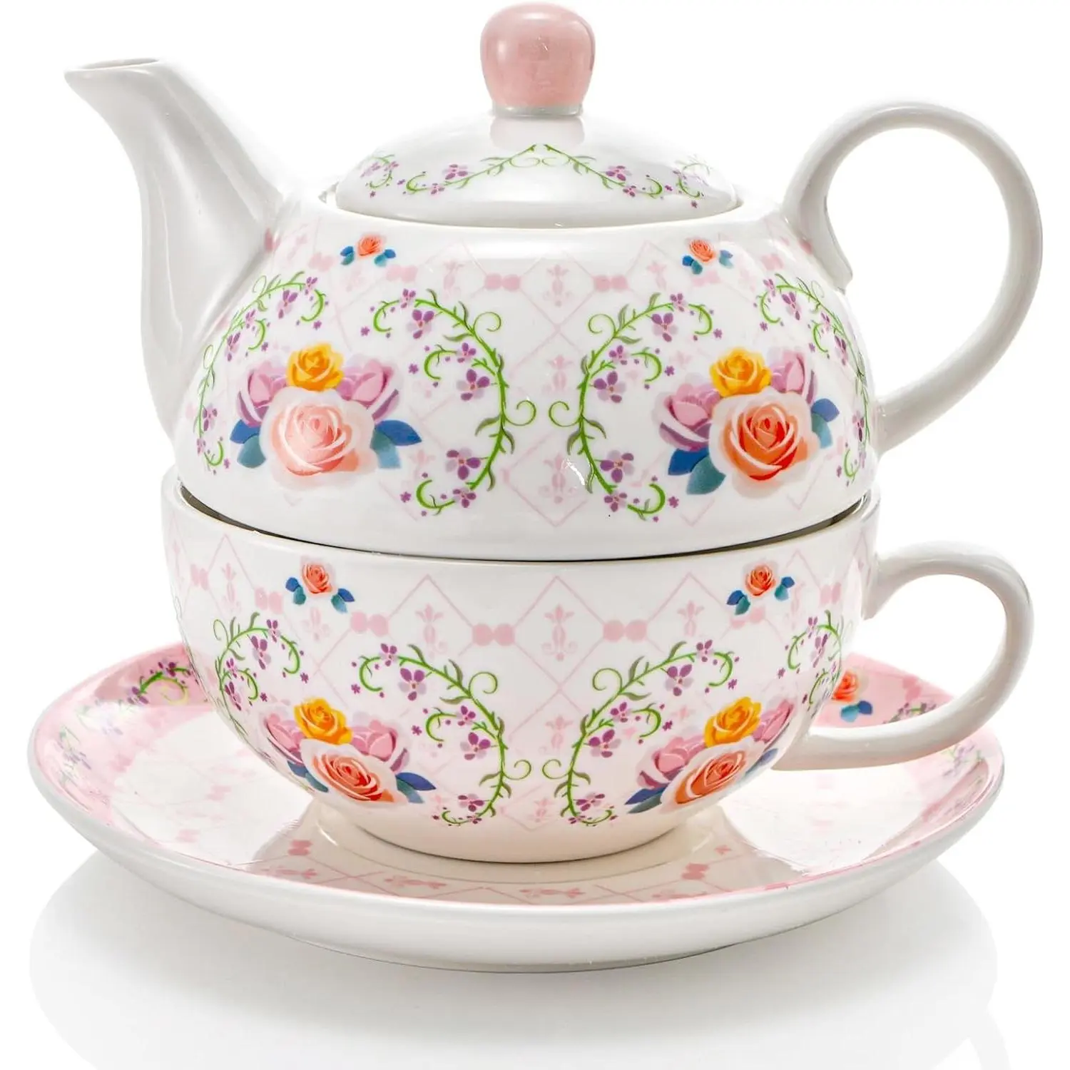 Tea for One Set, Porcelain Teapot and Cup Saucer Set | Elegant Floral Teapot Set Gift for Women, Afternoon Tea, Home, Microwave, Dishwasher Safe, Vintage Decorative Flower Design