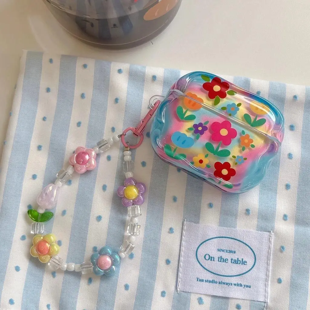 Dopamine Fashion Floral Print AirPods Case with Beaded Charm Pendant, Protective Audio Accessory Compatible with AirPods 1, 2, 3, 4, Pro 2, Pro 3, Accessories