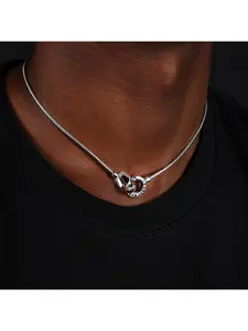 Men Interlocking Double Ring Pendant Necklace | Engraved Letter Design | 316L Stainless Steel Snake Chain | Waterproof No Fade Minimalist Hip Hop Street Jewelry | Daily Wear Gift for Guys