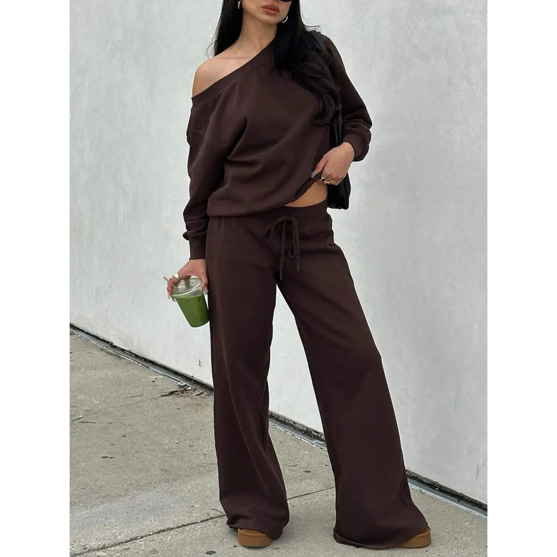 Off Shoulder Long Sleeve Jumper Pants 2 Piece Casual Fall Sweatsuit 2026