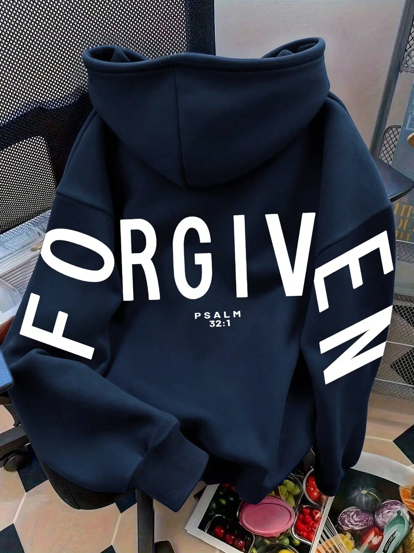 Women's Navy Blue FORGIVEN Letter Print Hoodie, Psalm 32:1 Graphic Regular Casual Pullover, Faith Streetwear For Daily Wear Sweatshirts