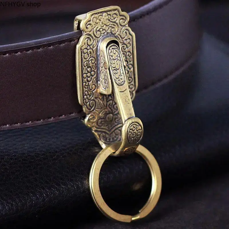 Vintage Durable Pure Brass Belt Keychain Buckle With Clip, Solid Metal Waist Carry Accessory, Thoughtful Gift For Father’s Day And Men’s Birthday Present