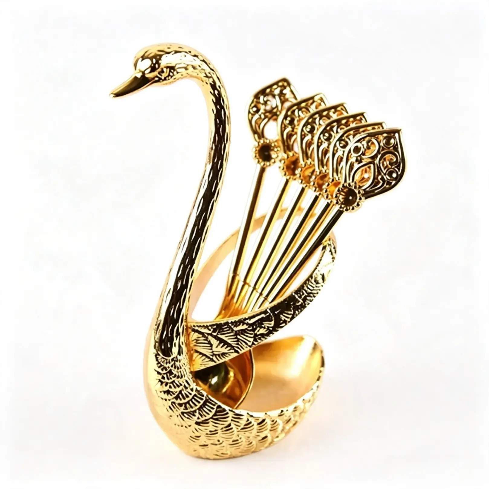 Gold Plated Swan Coffee Spoon Set, 6 Pcs Hollow Dessert Stirring Spoons With Decorative Swan Holder, Elegant Tableware Utensils For Tea Coffee Dessert Daily Use