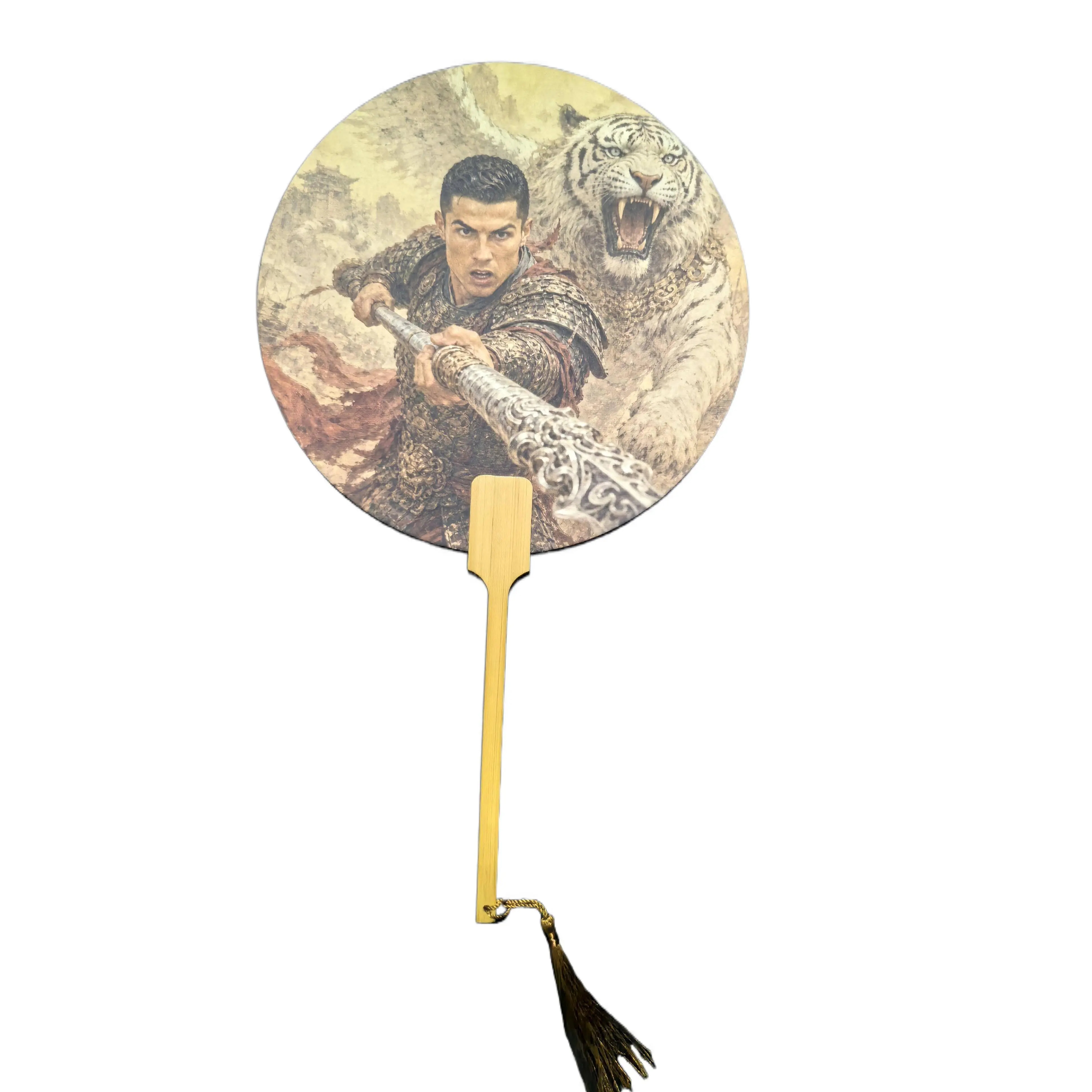 Eastern Echo Handmade Chinese Heritage Round Natural Hand Fan - Messi & CR7 "God of War" Bamboo Art Decor, Colorful Theme Hand Fans for Stadium Spaces, Ideal Home Decor Gift