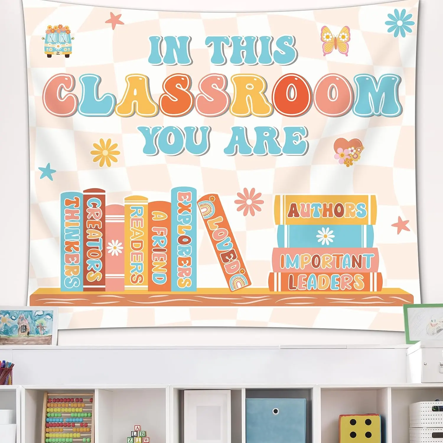 Welcome Back to School Classroom Tapestry Groovy Motivational First Day Of School Bulletin Board Banner Decorations Positive Photo Backdrop Background for Elementary Kindergarten Wall Room Decor