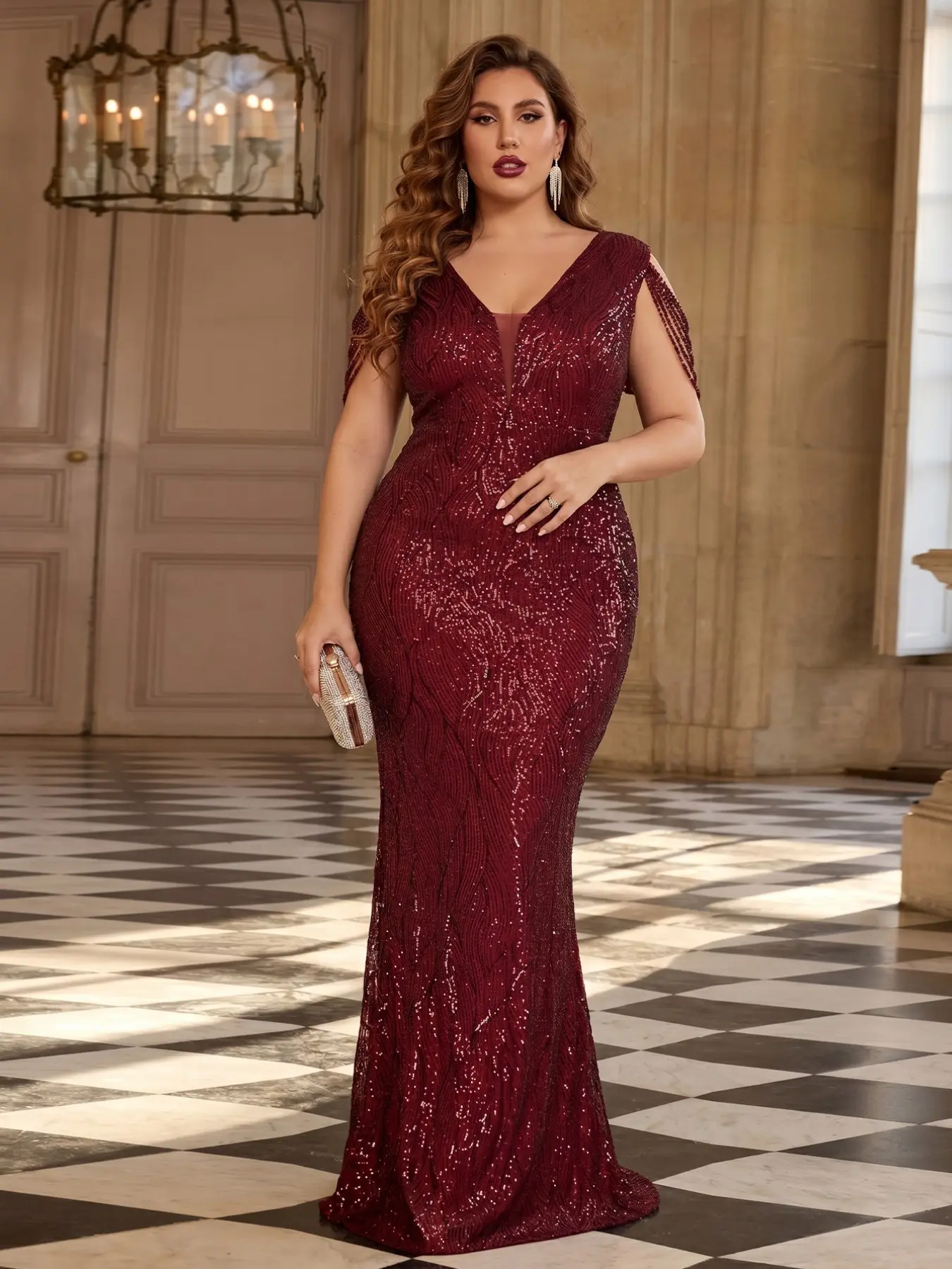 Burgundy Beaded Chain Sleeveless V-Neck Sequin Waist Cinched Fish Tail Floor-Length Plus Size Women Formal Evening Party Dress