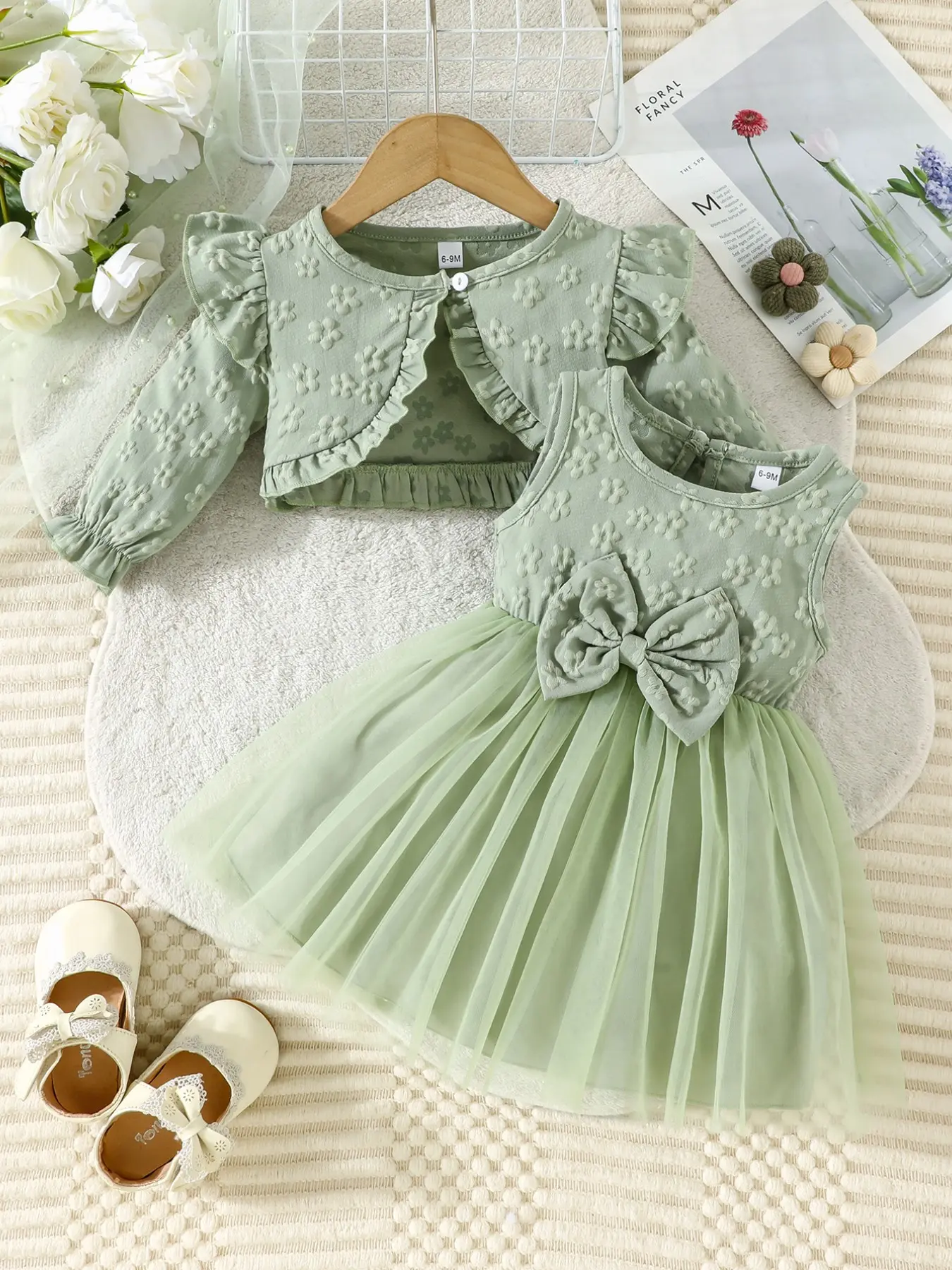 Baby Girl 2Pcs Outfit Set, Long Sleeve Ruffle Cardigan + Sleeveless Tulle Dress, Green Floral Jacquard Bow Tutu Dress, Spring Fall Casual Party Dress for Toddler Girls 6-36M Toddler Dresses Baby Girl Clothes