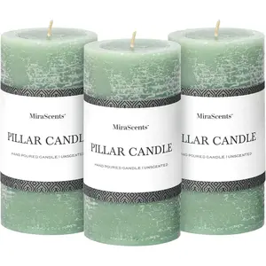 3x6 Inch Sage Green Pillar Candles Set of 3 - Unscented Spring Long Clean Burning Large Smokeless Dripless for Home Decor Dinner Table Bathroom Rustic Decor