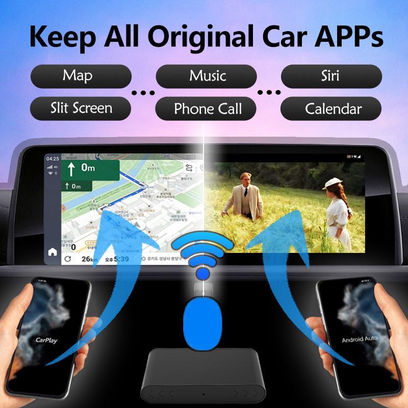 2 in 1 Car Adapter, Wired to Wireless Mini Box Plug & Play Adapter, Bluetooth-compatible WiFi Fast Auto Connect Smart Dongle for CarPlay Android Auto