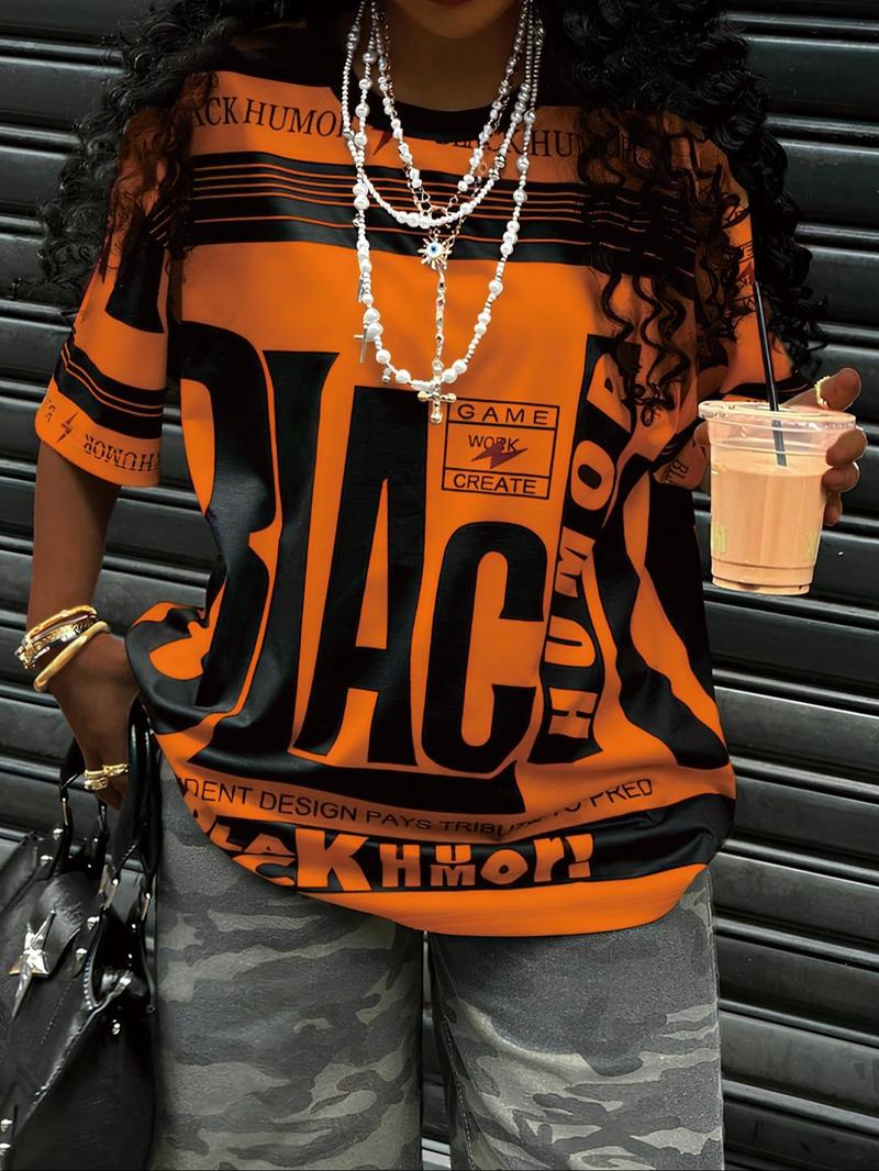 Women's Letter Print Round Neck Tee, Casual Style Tee, Fashion Casual Crew Neck T-shirt for Daily Holiday Vacation Outdoor Wear, Ladies Clothes for Summer, Top