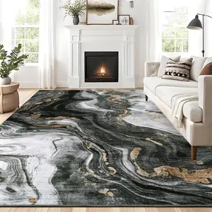 GARVEEModern Washable Rugs 6x9 Neutral Abstract Throw Rugs, Non-Slip Abstract Accent Carpet with Marble Swirl Pattern, Stain-Resistant Low Pile Indoor Carpet Rug for Living Room, Bedroom, Black