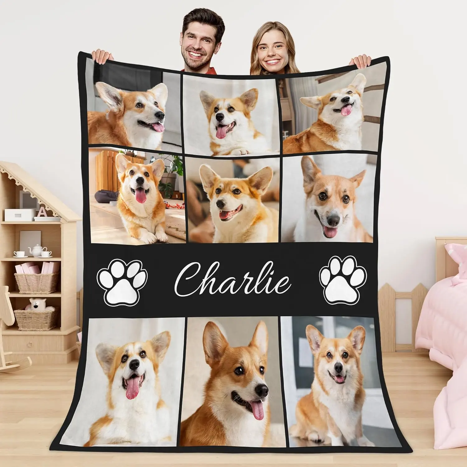 Custom Pet Photo Flannel Throw Blanket, Personalized Cat Dog Picture Blanket with Paw Print & Name, Soft Cozy Warm Throw for Couch Bed Sofa, Memorial Birthday Gift for Pet Lovers, Customizable Pet Name Portrait Collage Home Decor