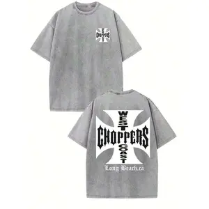 Double Side West Coast Choppers Long Beach Iron Cross Logo Washed Black Crew Neck Short Sleeve Unisex Top, Casual Daily Outfit T-Shirt For Chopper Bike Fans Men And Women