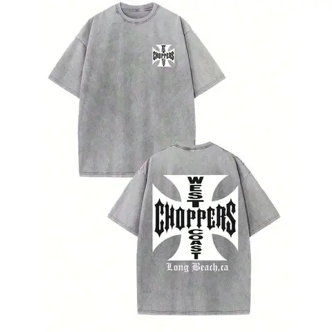 Women's Oversized Breathable Short-Sleeve Crew Neck Washed Black Cotton Trendy Graphic Streetwear T-Shirt - Double-Side West Coast Choppers Long Beach Iron Cross Logo, Type A Menswear Fabric, for Chopper Bike Fans, Everyday Shirts for Women