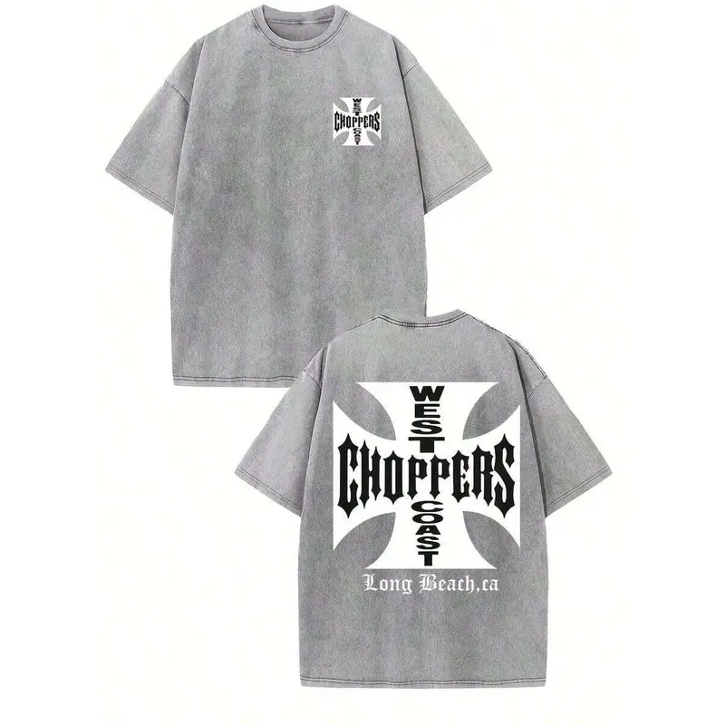Women's Oversized Breathable Short-Sleeve Crew Neck Washed Black Cotton Trendy Graphic Streetwear T-Shirt - Double-Side West Coast Choppers Long Beach Iron Cross Logo, Type A Menswear Fabric, for Chopper Bike Fans, Everyday Shirts for Women