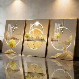 3 Count Aluminum Alloy Frame Canvas, Fashion Poster, Golden Deer And Mountain Landscape, Modern Living Room Decoration, Light Luxury Family Art, Suitable For Bedroom, Corridor And Office Wall Decor, Gift