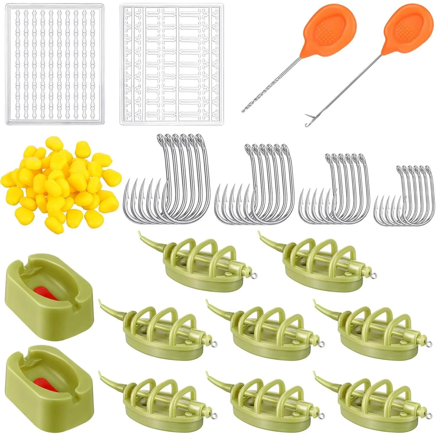 88 count Carp Fishing Hair Rigs Kit Includes 24 Curved Barbed Carp Hook 50  Corn Lures 2 Line  Stopper 2  8 Inline  Feeders 2 Quick Release Mold Fishing Accessories