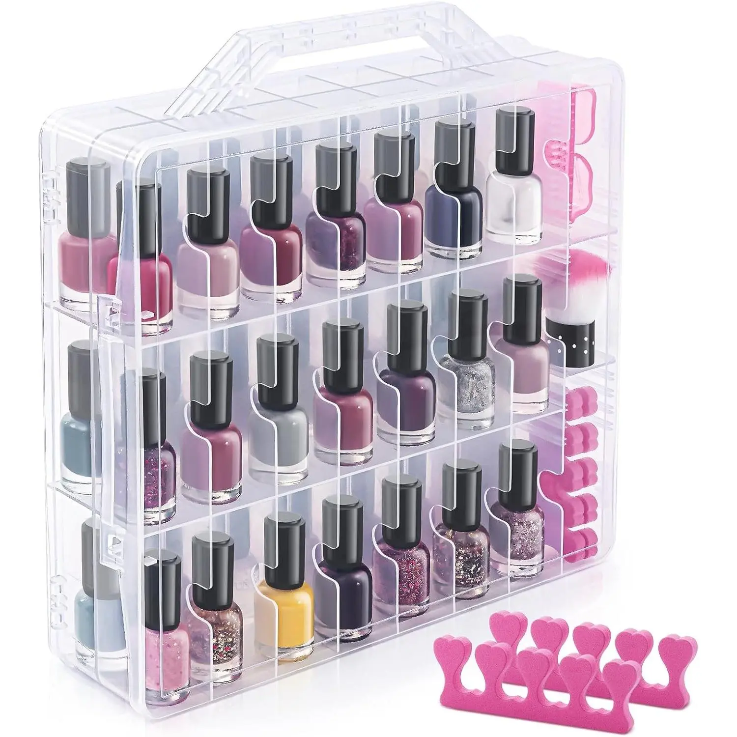 Nail Polish Organizer Case for 48 Bottles with 2 Nail Separators, Double Side Gel Nail Polish Holder with Adjustable Dividers, Clear