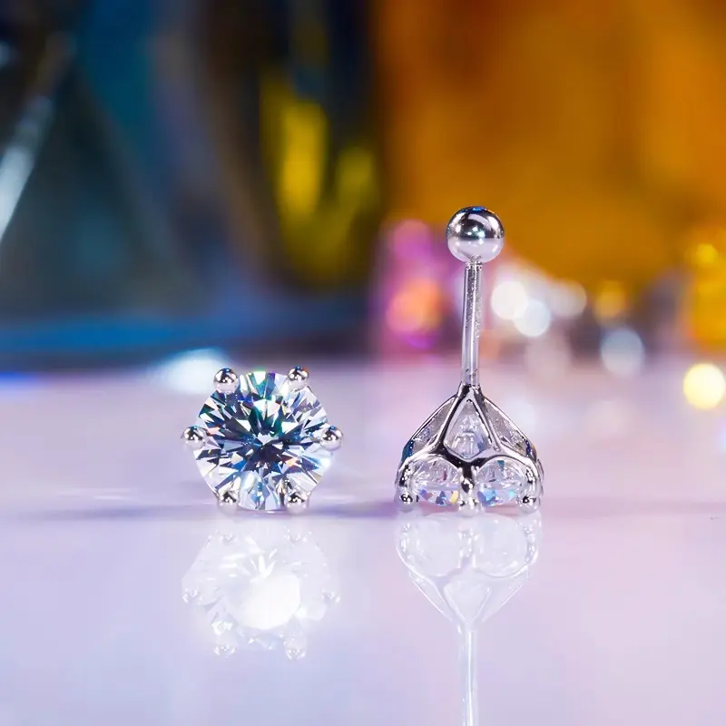 S925 sterling silver six-prong stud earrings, ribbed design, classic 1 ct D color VVS moissanite earrings