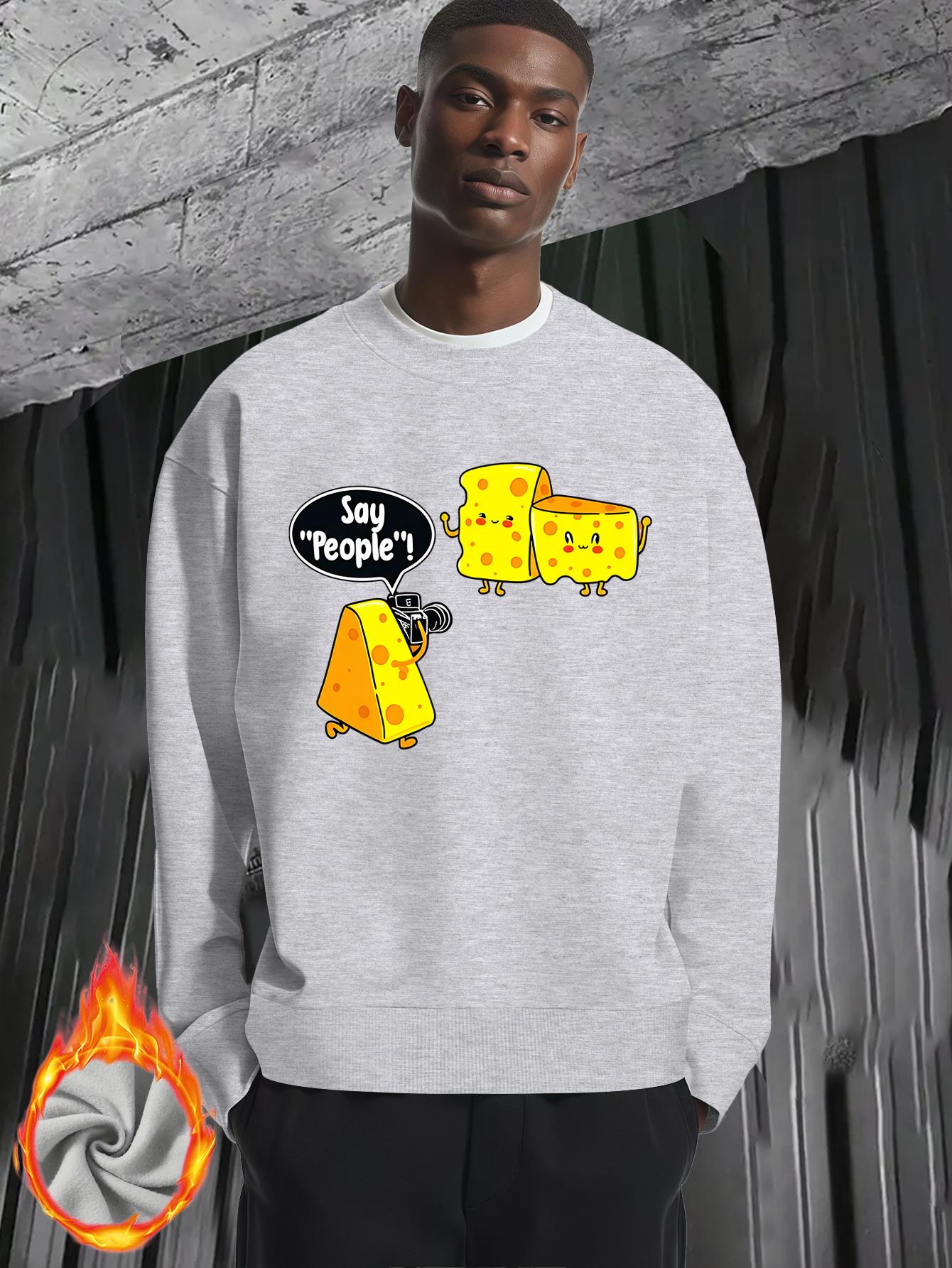 Men'S Funny Cheese & Cheese Slice Graphic Sweater - Oversized Round Neck Long Sleeve Thickened Winter Warmth, Loose Fit Casual Pullover with Cheese Slice & Cheese, Cheese Print - Comfortable Everyday Essential For Men, Cheese Sweater