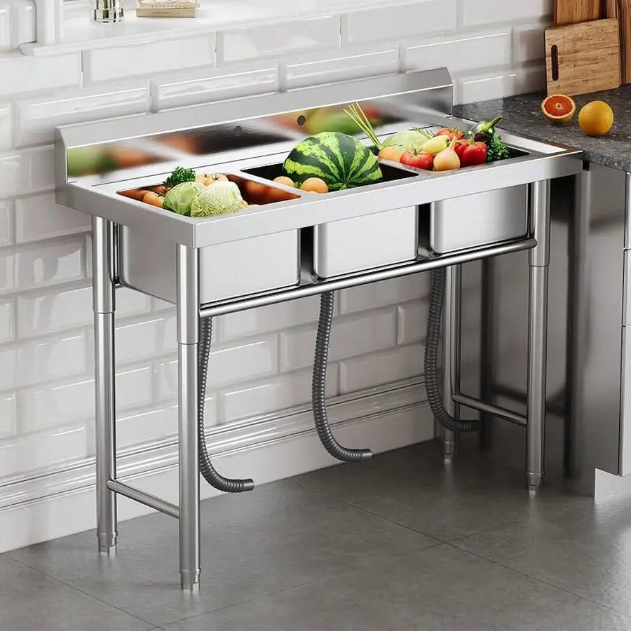 Stainless Steel Triple-Bowl Utility Sink With R-Corner Design, Faucet Holes, Drain Kit, And Strainers, Heavy-Duty Sink Commercial,, Laundry, And Garage Use