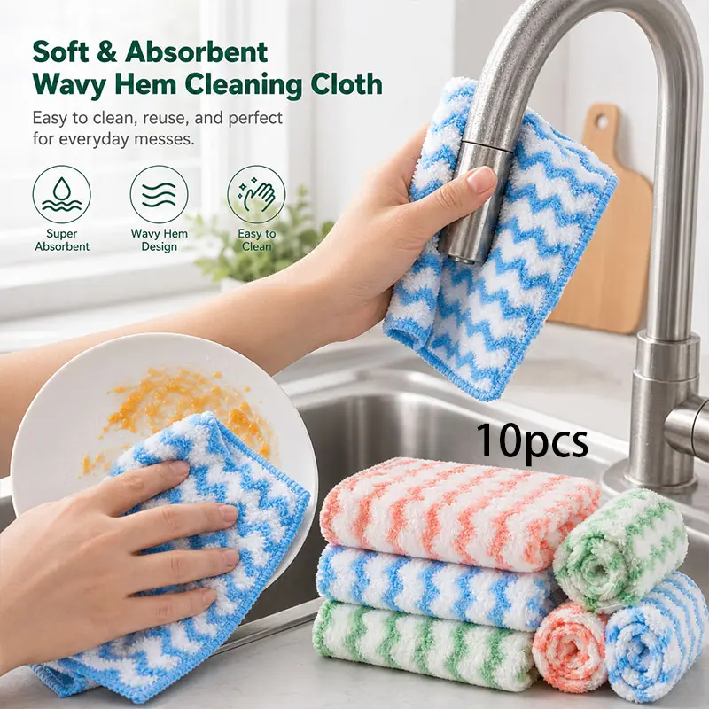 10Pcs Water Wave Coral Fleece Dish Cloths Ultra Fiber Absorbent Non - shedding Kitchen Towels for Dishwashing Drying Cleaning Table and Home Use Reusable Washable