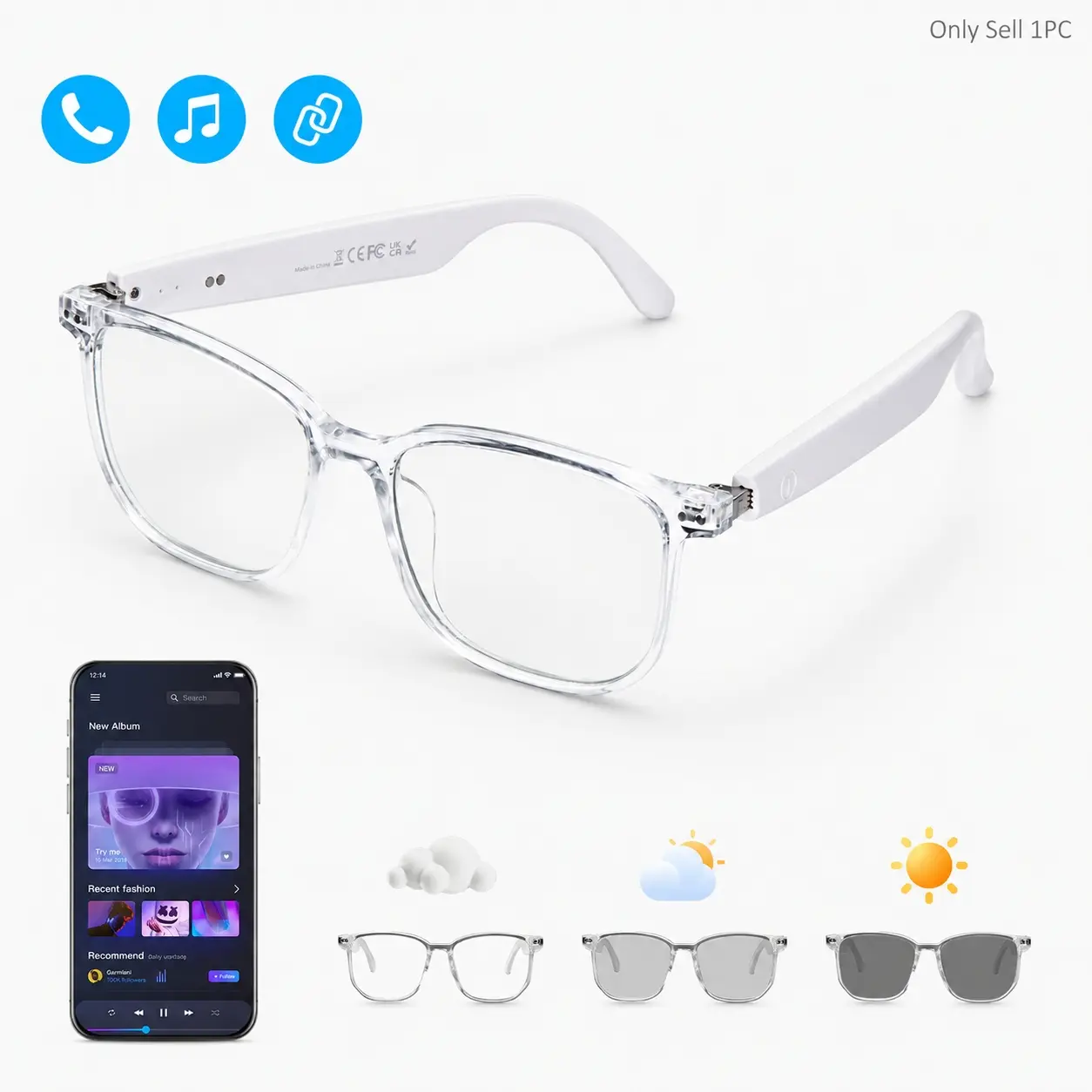 Smart Glasses with Photochromic Lenses, Bluetooth Open-Ear Speakers, Built In Microphone, Hands-Free Calling, Music Control and UV Protection