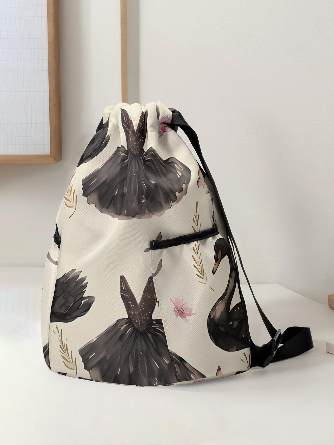 Swan Print Drawstring Backpack, Large Capacity Durable Fitness Bag, Adjustable Straps, Sports Beach Bag for Men & Women