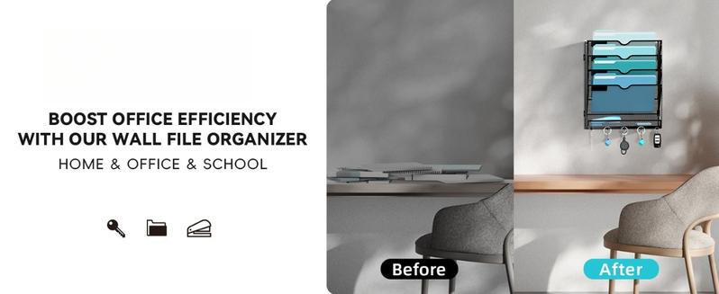 F-SBB52  Wall File Organizer with 5 Hooks 5 Tier Hanging File Organizer, Vertical Wall Mount Mail Organizer for Papers, Folders, Magazines, Bills, Office&School Organization, Black