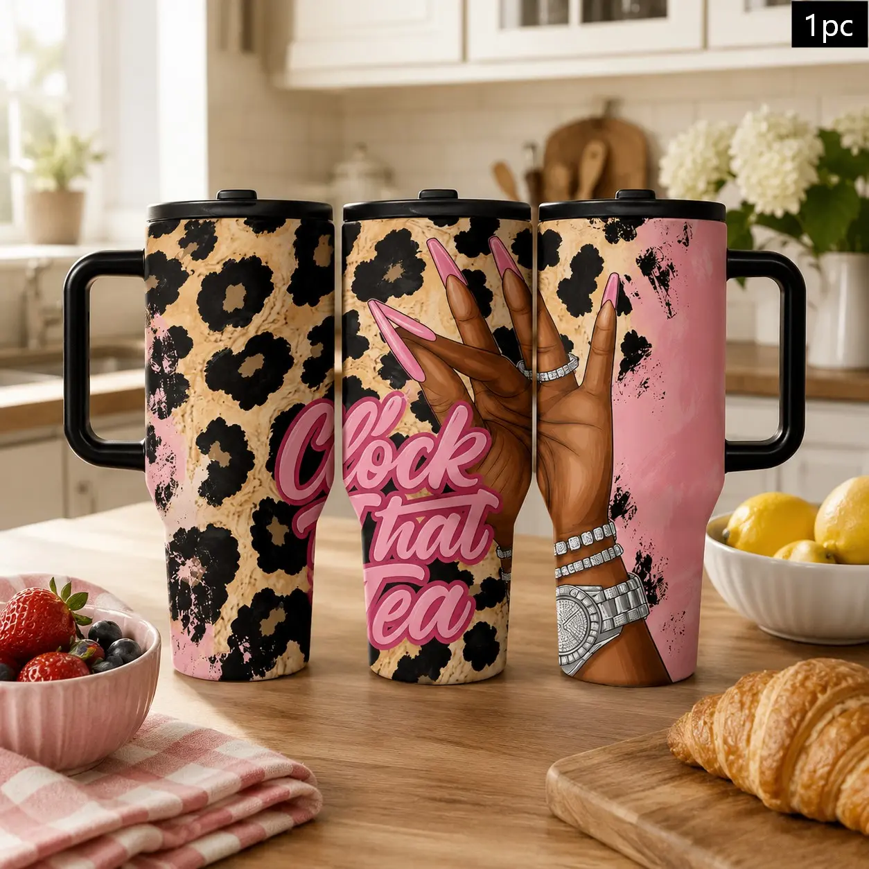 1PC 40oz/30oz Leopard Print Pink Nails Clock That Tea Insulated Tumbler with Handle & Straw, Leak-Proof Lid, Double Wall Vacuum Stainless Steel Travel Mug, Hot 12H Cold 24H, Large Capacity Cup for Men and Women, Birthday Gift