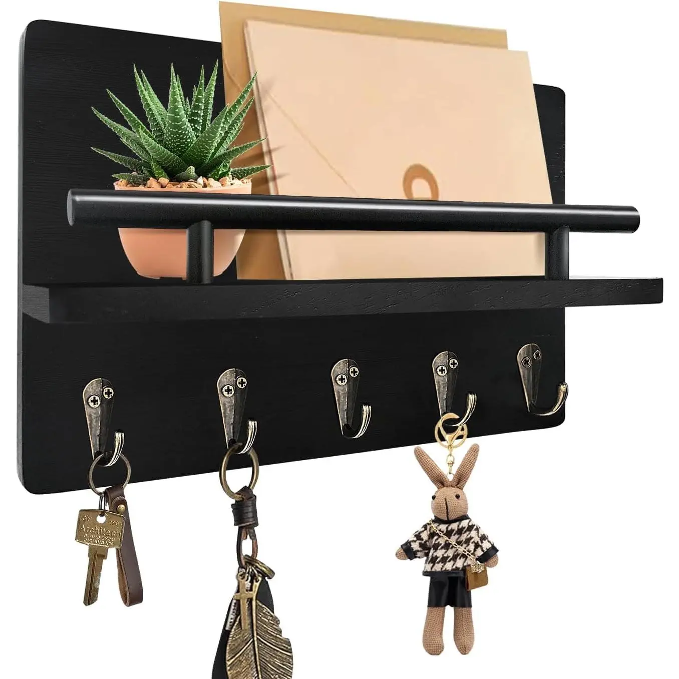 Key Holder Wall Mount with Shelf & 5 Sturdy Hooks, Rustic | Mail Organizer   Leash, Glasses, Wooden Key Hanger with Mounting Hardware