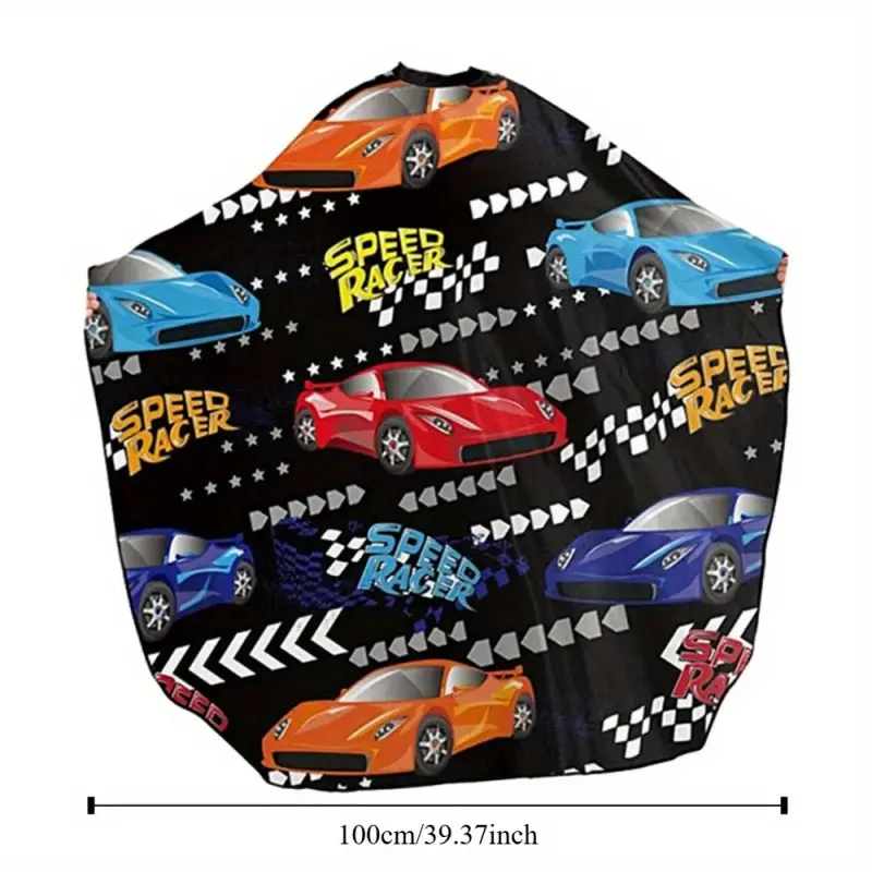 Racing Haircut Cape for Kids - Cartoon Speed Design with Arrows, Stars, Checkered Flags | Adjustable & Durable Polyester Barber Cape for Boys, Easy Clean Salon Robe for Home & Professional Use