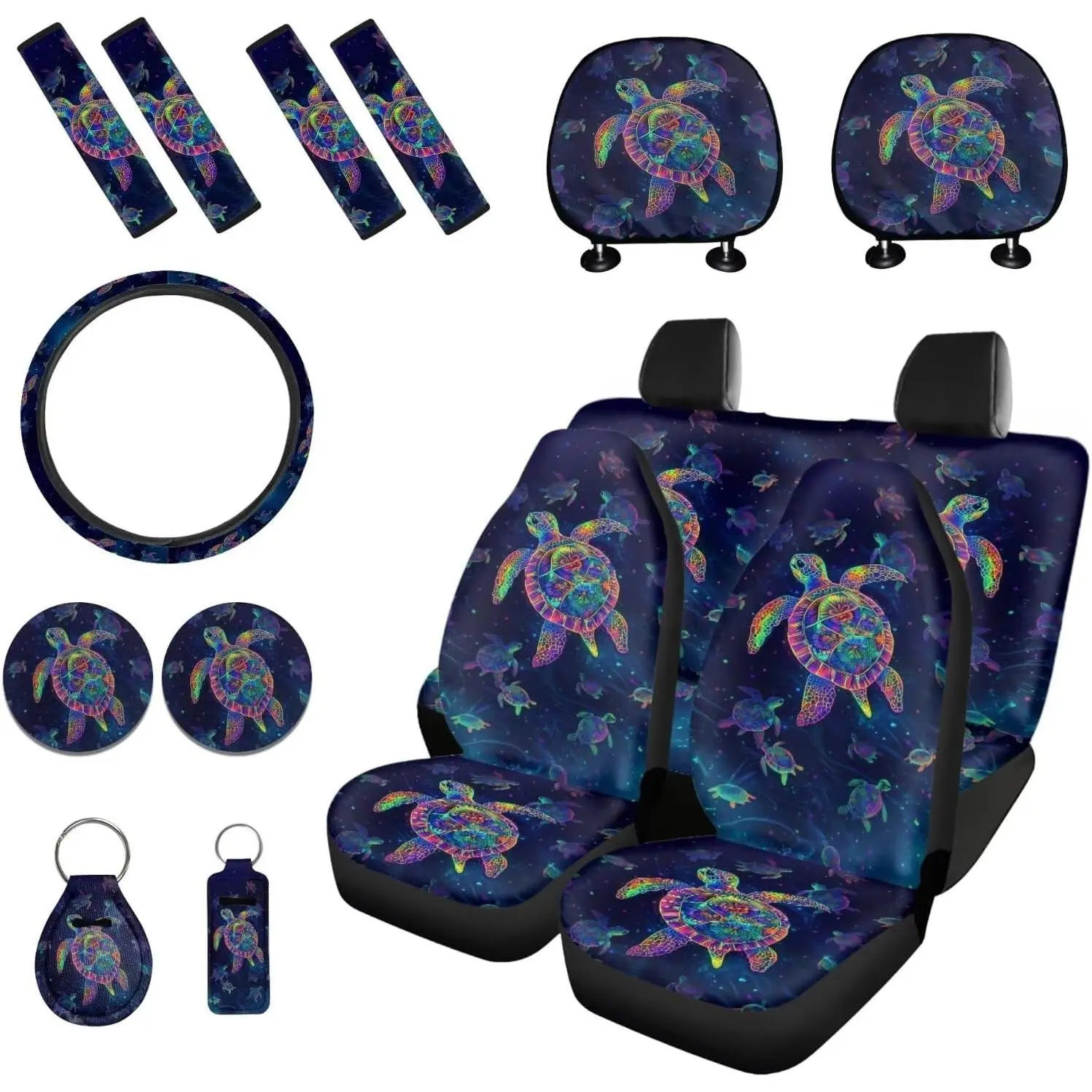 Sea Turtle Printed 15 Pack Car Seat Cover Full Set, Stretchy Car Accessories Set Front Rear Seat Covers Steering Wheel Cover Car Headrest Cover Seat Belt Covers Car Coaster
