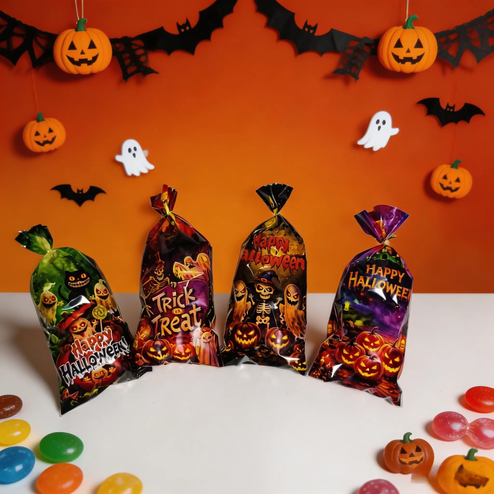 50 Halloween Plastic Gift Bags with Twine, 4 Designs: Haunted House Skull, Cat, Pumpkin Print, Kids Party Gifts, Classroom Supplies