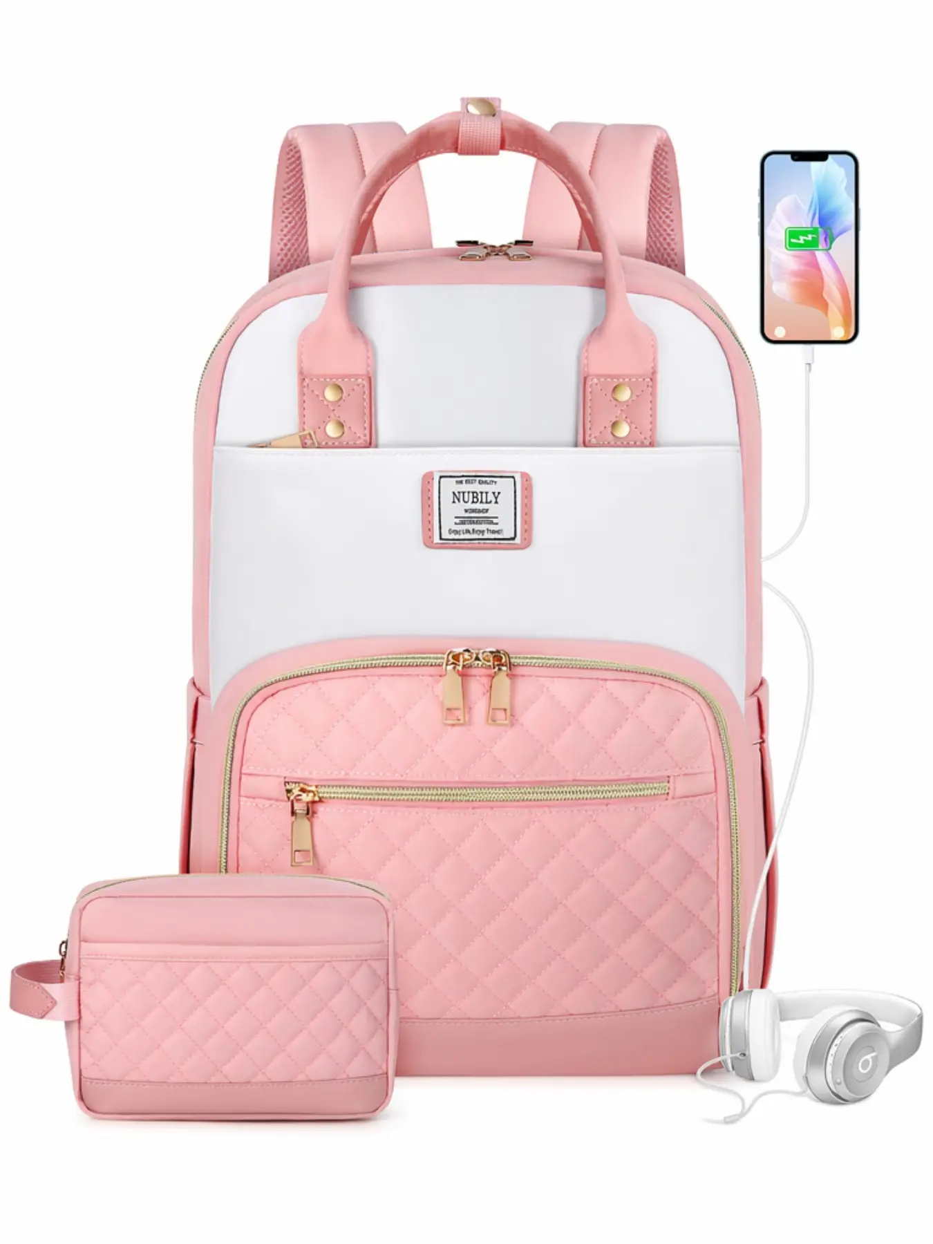 Women's Laptop Backpack 15.6 Inch, Waterproof School Backpack for Girls, Anti-Theft Travel Backpack, Lightweight Book Bag with Accessory Purse