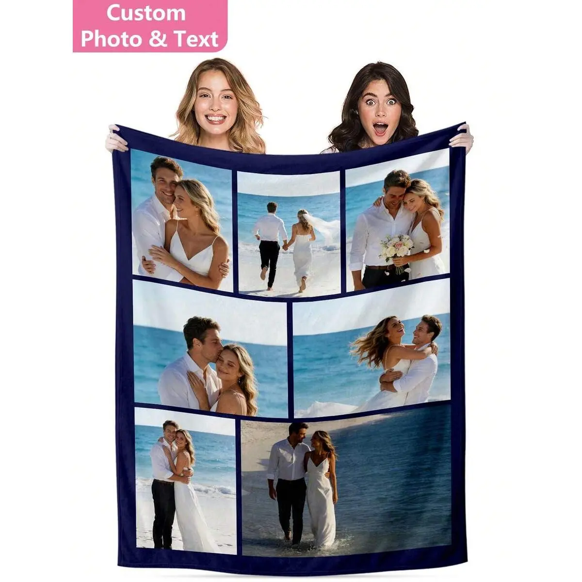 Custom Wedding 7 Photo Collage Flannel Throw, Navy Border With Beach Wedding Pictures, Lightweight Air Conditioning Blanket, Wedding Gift For Couple, Romantic Keepsake Decor