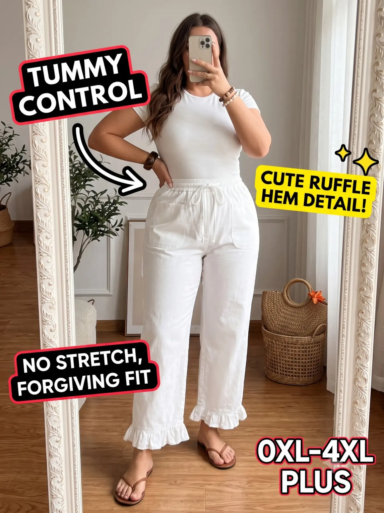 Plus Size Women's High Waist Straight Leg Jeans, Non-Elastic Casual Fit, Drawstring Waist, Pockets, Cute Ruffle Hem Details