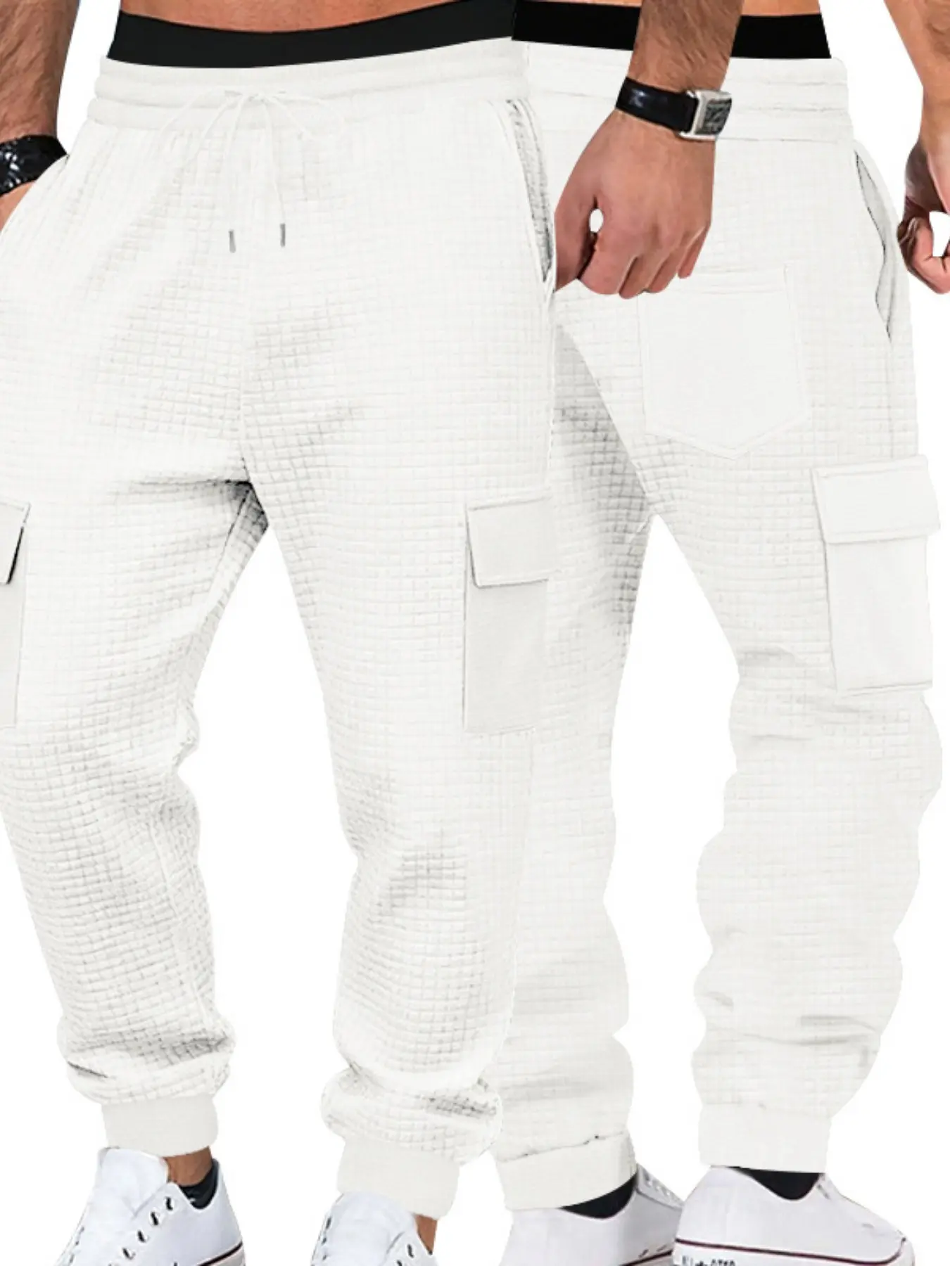 Men's Waffle Texture Cargo Sweatpants, Elastic Waist with Drawstring, Multiple Pockets, Thickened Streetwear Long Pants for Outdoor Activities