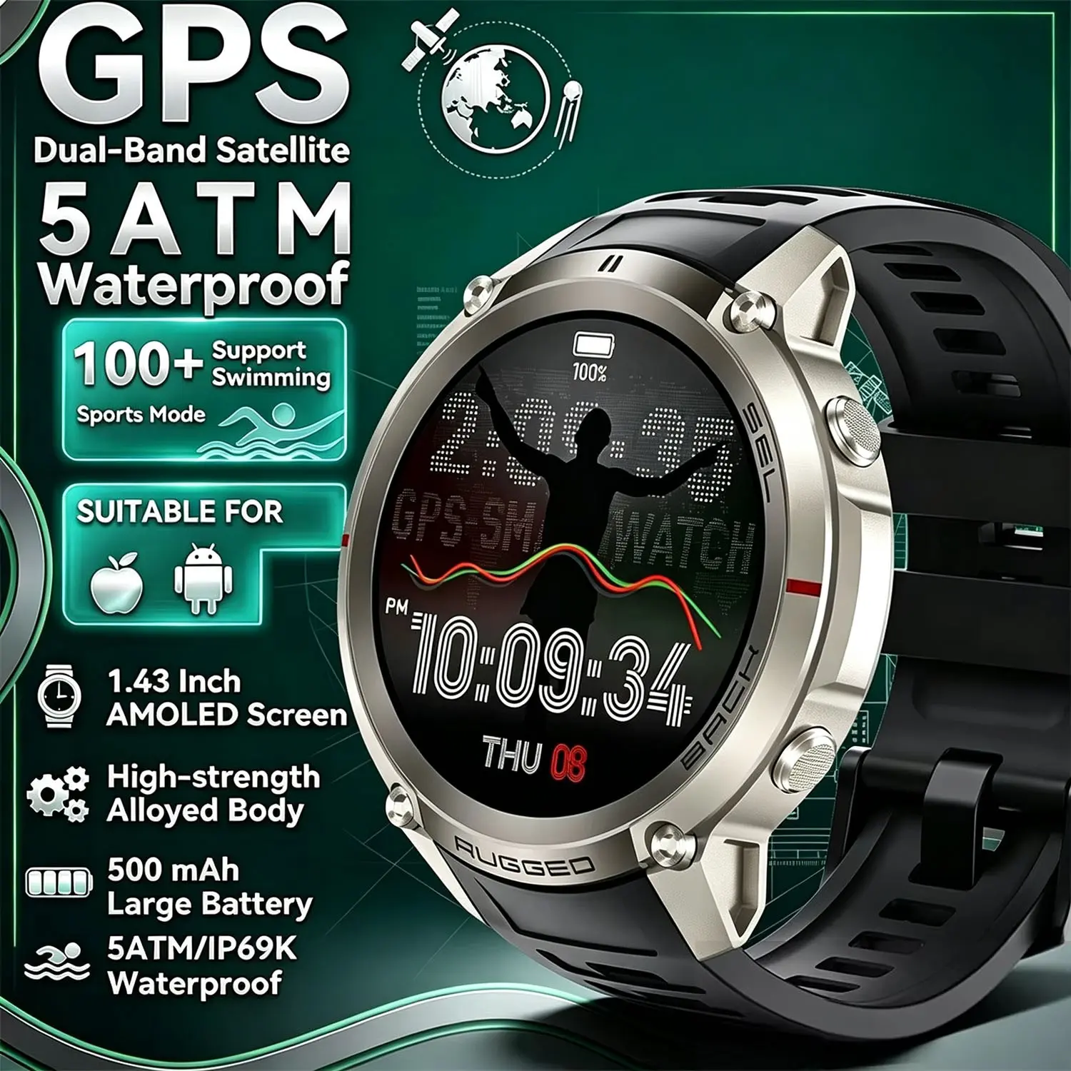 GPS Smart Watch Rugged Military, 500mAh Battery, Bluetooth-compatible Call, Fitness Tracker, Ip69 Waterproof, Health Monitor, Android iOS Compatible