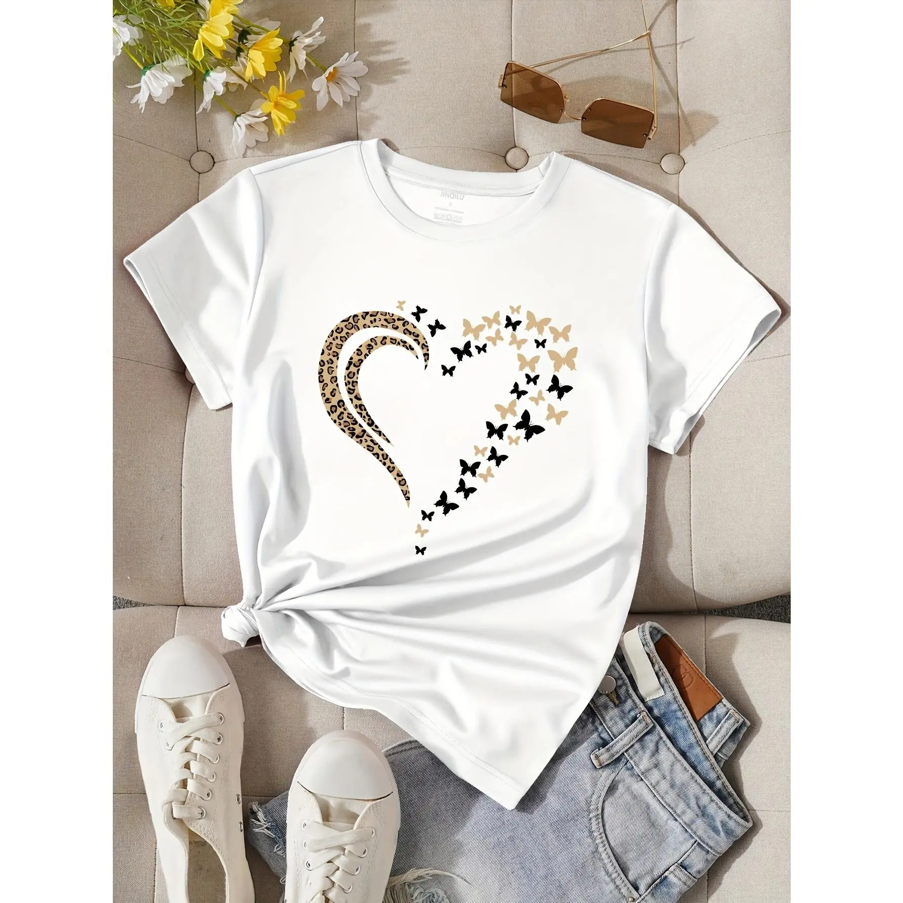 Women's Soft 100% Cotton Short-Sleeve Round Neck Printed Top - Heart Butterfly & Leopard Graphics, Breathable All-Seasons Romantic Casual Apparel, Flattering Fit S-5XL White Gift-for-Her
