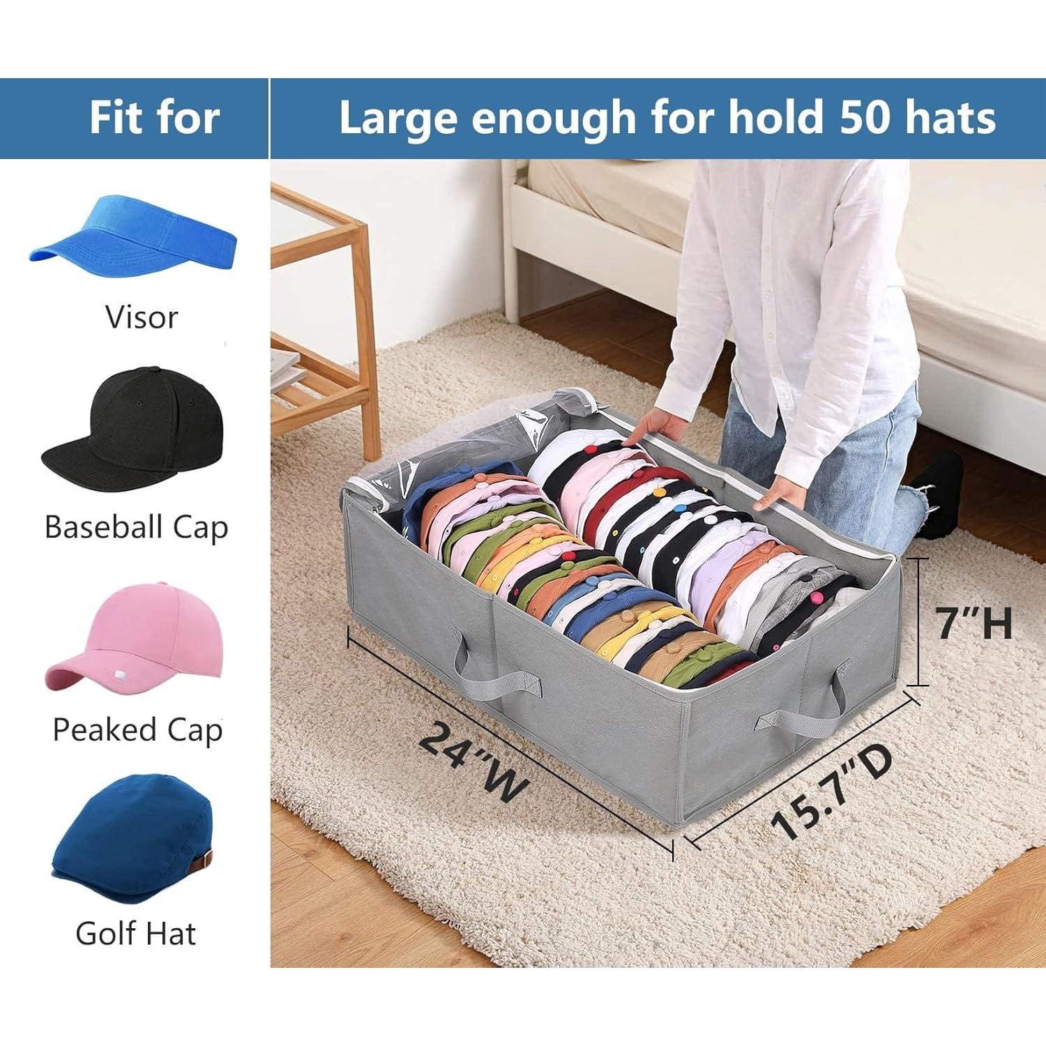 Large Hat Storage Box for Baseball Caps, Holds Up to 50 Caps Wide Hat Organizer for Closet with Cardboard, Under Bed Snapback Holder, Grey