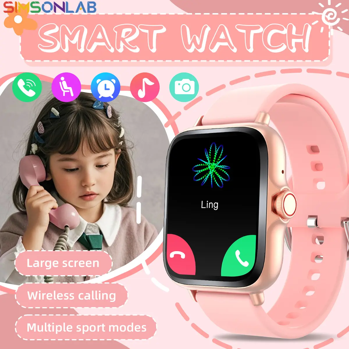 SIMSONLAB 1.83 Inch Smart Watch for Kids, Multiple Sports Modes, Music Control, Wireless Calls, Voice Reminders, Compatible iOS Android，Perfect Gift for Christmas, Holiday Gift for boy and girl