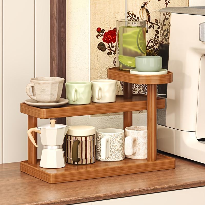 Solid Wood Multi Tier Desktop Display Shelf Modern Light Brown Freestanding Storage Rack No Assembly Needed Space Saving for Bathroom Kitchen Bedroom Vanity Retail Display Stand